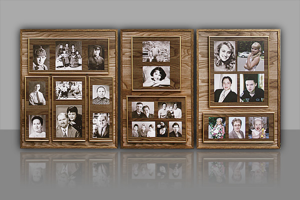 Многослойный стенд с семейными фотографиями.